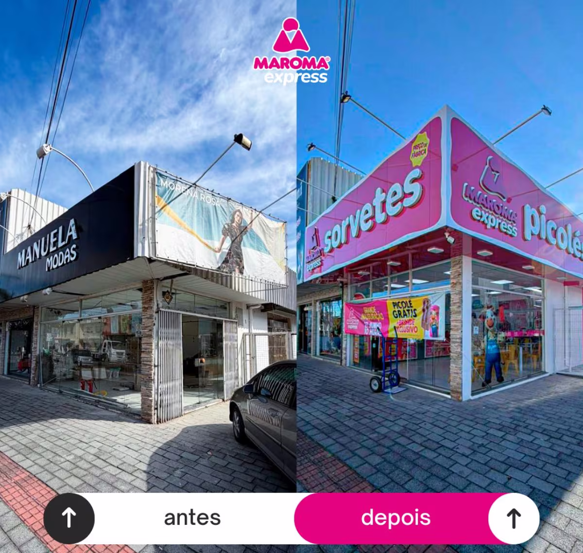 Comparação lado a lado: ponto comercial vazio antes e a mesma fachada transformada em loja Maroma Express depois