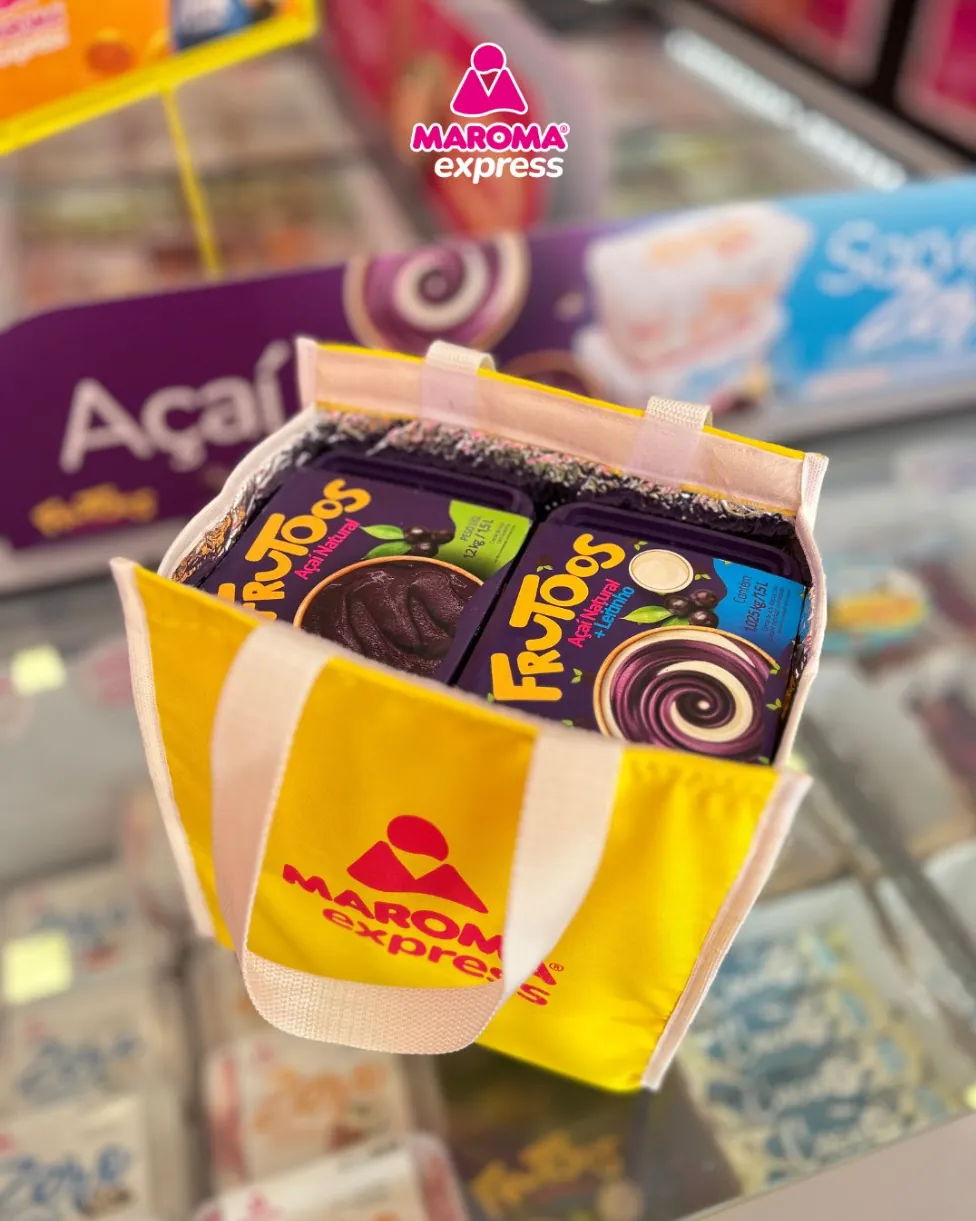 Potes de açaí Frutoos dentro da sacola térmica amarela da Maroma Express